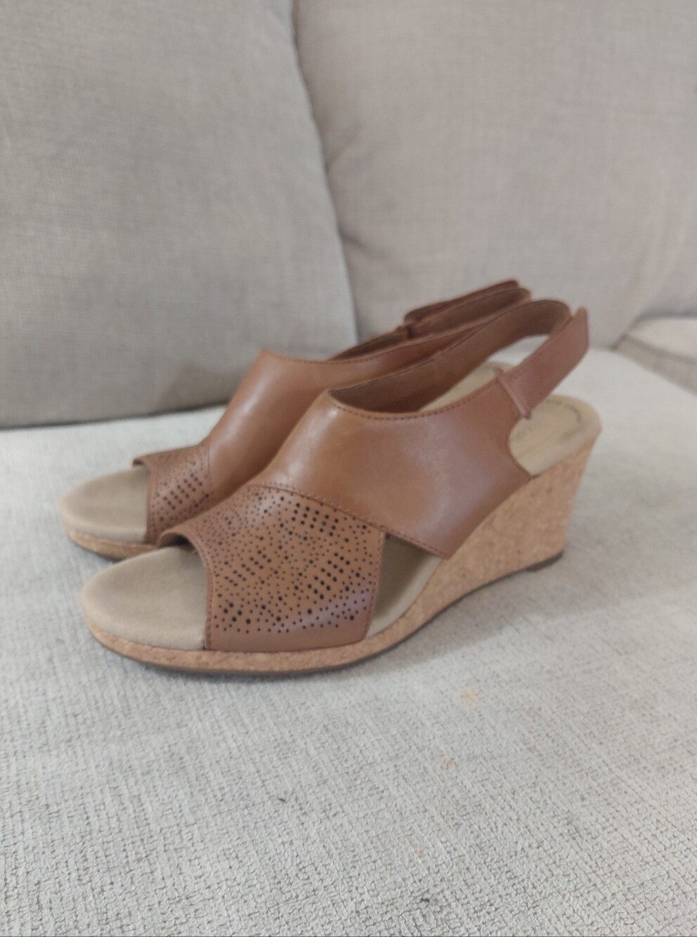 Clarks Brown Leather Perforated Slingback Wedge Sandals - Picture 11 of 11
